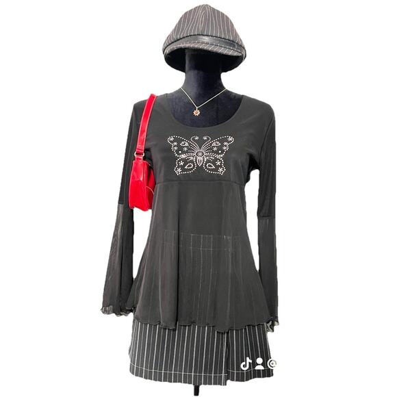 90s Enchante’ Skort Black W/ Pinstripes Sz 5 Grunge Goth Y2K Short - Picture 1 of 12